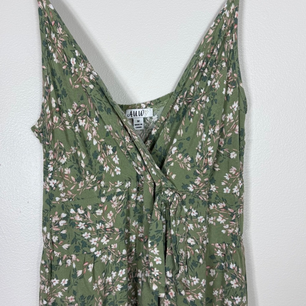 AUW Womens Floral Cottagecore Midi Dress Size M Green Ruffle Hem Spaghetti Strap - Picture 4 of 9